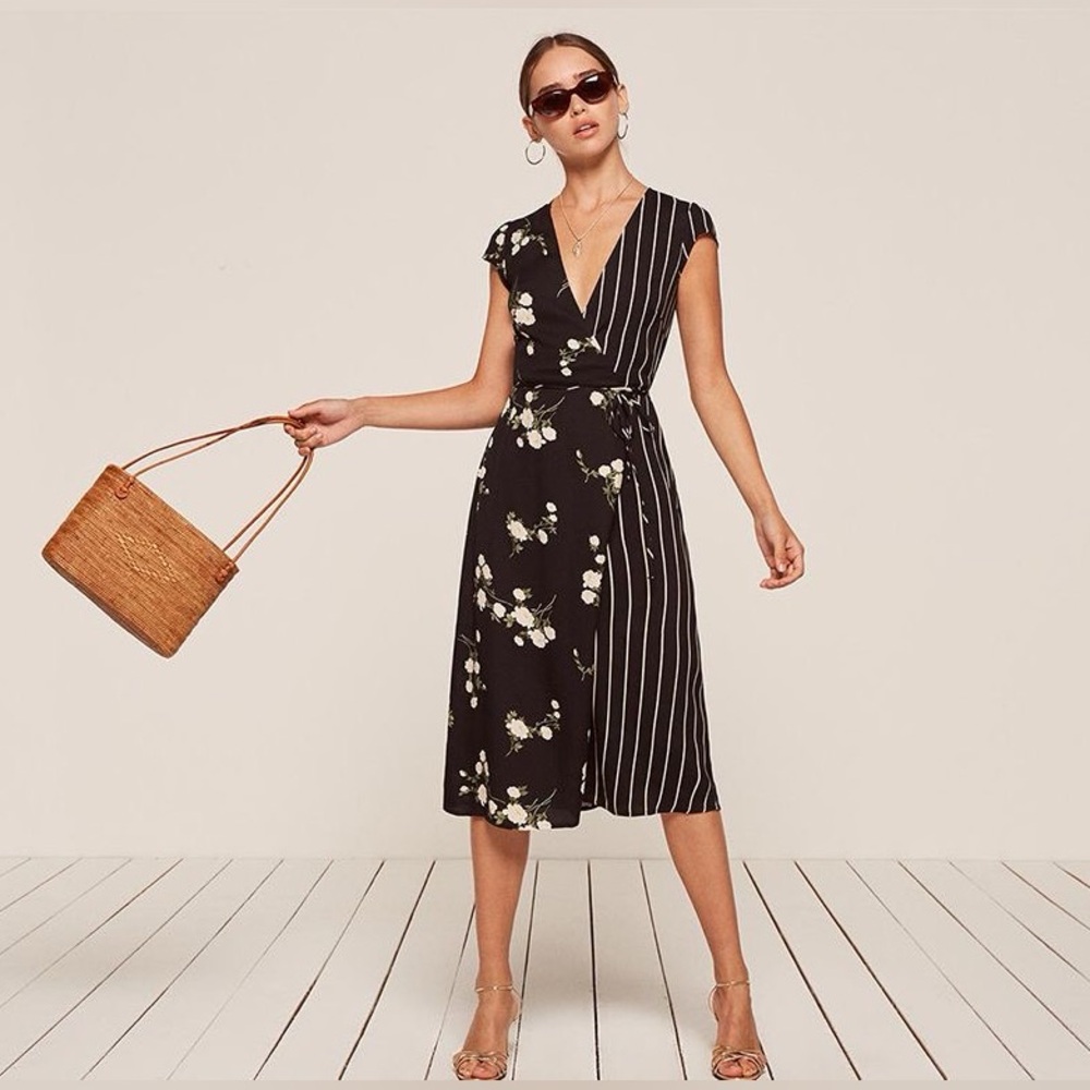Reformation Black Sabrina Floral Striped Wrap Dress XS - Picture 4 of 10